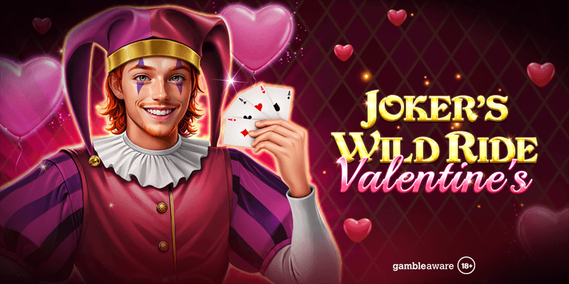 Joker’s Wild Ride Valentines slot cover art by Spinomenal, showing a playful jester holding cards with floating hearts